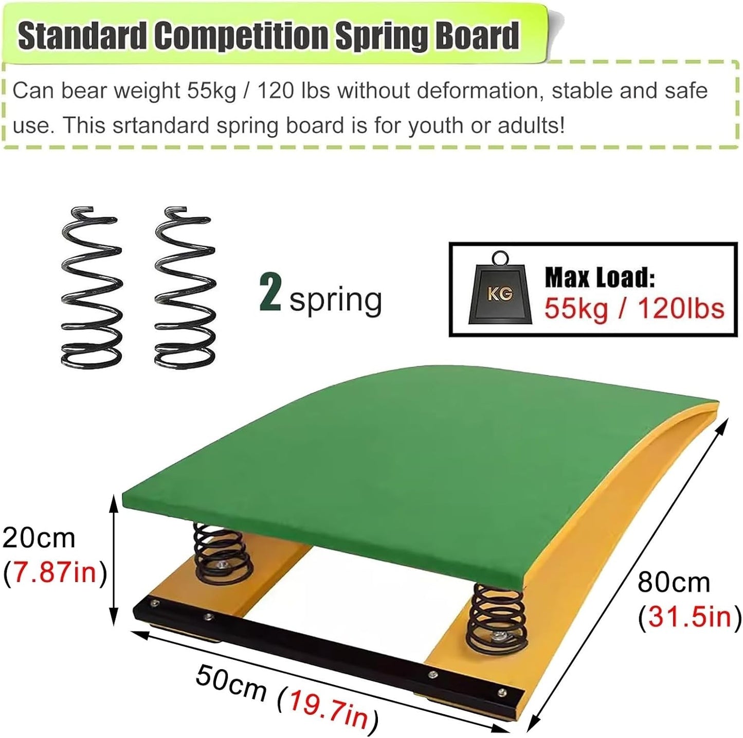 Adult Kids Gymnastics Springboard, Sport Equipment for Vaulting Training OrTeens Backflip High Jump, Heavy Duty Pro d Spring Board Elastic Ramp (2 Springs 50x80x20cm)
